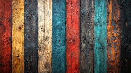 Fototapeta premium A close-up of a colorful wooden wall with a black cat perched on the planks
