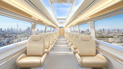Fototapeta premium The sleek interior of an electric train showcases beige leather seats and expansive windows, providing travelers with stunning city views as it moves