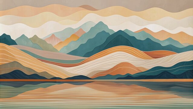 Morandi color block abstract fluid lines landscape with mountain background, Morandi, color block, abstract, fluid