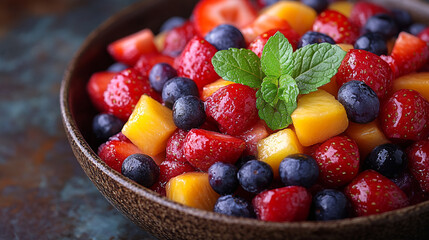 Obraz premium Close-up of a bowl of fresh fruit salad delicious, natural, dessert, tropical, sweet, refreshing, summer Healthy Eating Nutrition