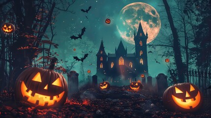 A spooky Halloween scene with a haunted castle, pumpkins, bats, and a full moon.