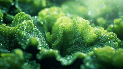 Fresh lettuce leaves with refreshing	 dew drops close-up Healthy Eating  Nutrition
