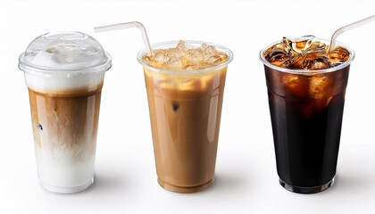 Set of black ice coffee and ice latte coffee milk isolated on white background