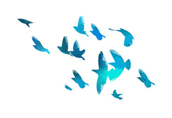 blue birds. A flock of flying blue birds. hand drawing. Not AI. Vector illustration.