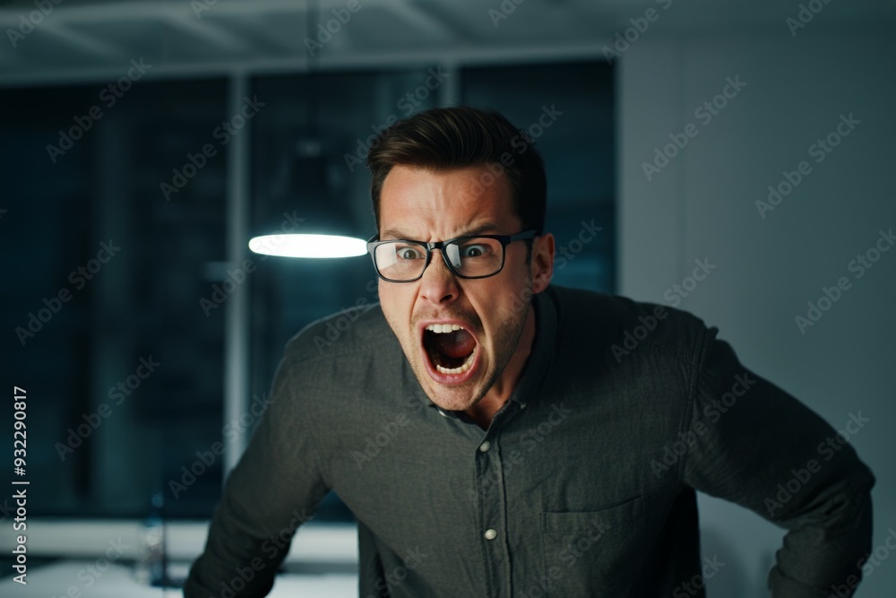 Canvas Prints A man is yelling in anger in a dark room