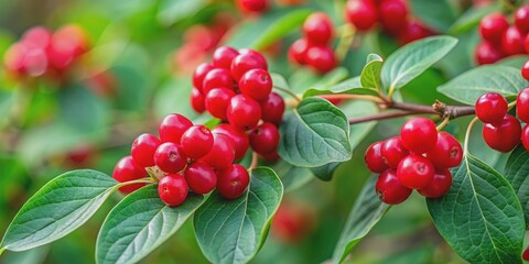 Obraz premium Ripe red forest honeysuckle berries , berries, forest, honeysuckle, red, ripe, vibrant, fruit, leaves, nature, close-up, freshness