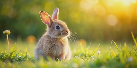 Fototapeta premium Adorable fluffy bunny sitting in a meadow , Cute, rabbit, Easter, fluffy, animal, pet, white, adorable, fur, nature