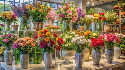 Naklejka premium Stunning variety of large vases filled with fresh flowers in a shop setting, vase, shop, flowers, beautiful
