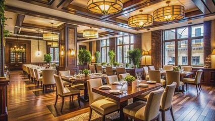 Fototapeta premium Upscale restaurant interior with elegant decor and a relaxed ambiance, restaurant, chilling out, classy, lifestyle