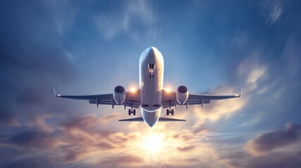 A white airplane is flying through a cloudy sky with the sun shining brightly