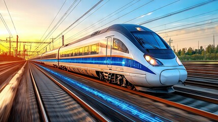Fototapeta premium Blue and white train travels down train tracks, near power lines and behind them with sun setting on horizon