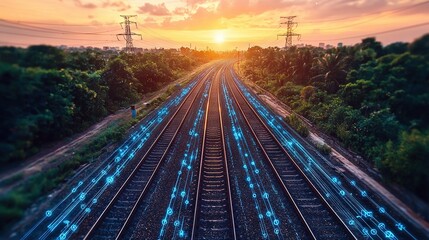   An aerial view of a train track with many blue lights on the tracks and a setting sun in the background