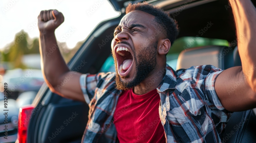 Poster A man in a red shirt is yelling and celebrating in a car