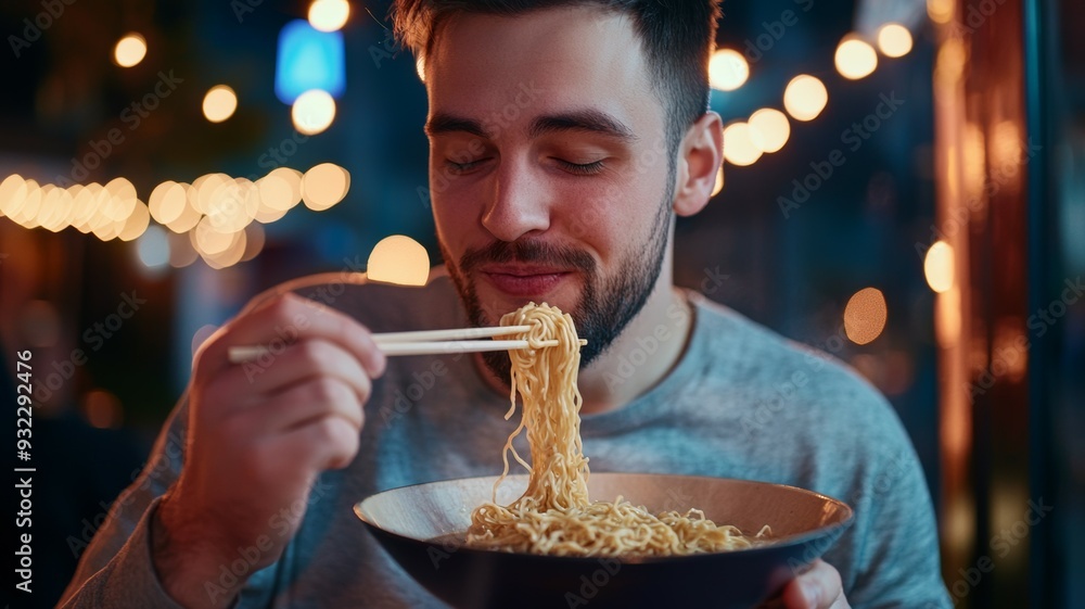 Wall mural A man is eating noodles with chopsticks