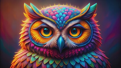 Naklejka premium Vibrant and striking owl with bright colors, colorful, vivid, intense, contrast, feathers, bird, animal, wildlife, exotic, bright