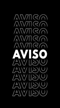 Anima&ccedil;&atilde;o vertical com a palavra "aviso" em branco com contorno branco sobre fundo preto, repetida e multiplicada verticalmente com efeito glitch.