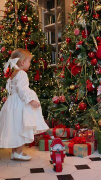 A cute little girl in a white dress and a Nutcracker, a New Year's tale about a revived toy, a Christmas mood, a Christmas tree dressed up for the holiday