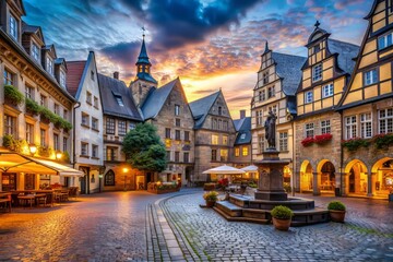 Fototapeta premium Ancient facades crowding Old Market Square, labyrinthine streets weaving through time, dark stone exuding history, whispers of the past in every crevice.
