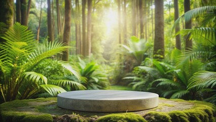 Flat stone podium in a tropical forest with an empty round stand in the background, tropical, forest, flat stone, podium