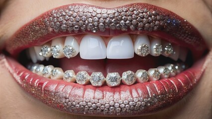 Close up of a person's mouth with sparkling diamond teeth , diamonds, teeth, luxury, bling, dental, cosmetic, glamour, shiny