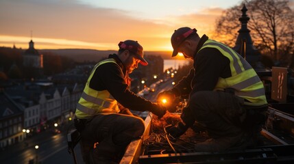 Dedicated effort - men working on electricity pole, skilled workers repairing breakdown in electricity supply, restoring essential power to community, labour day with hard work and commitment