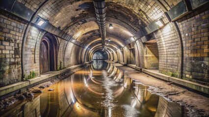 Neglected underground passageway with curved structure and wet ground , abandoned, somber, subterranean, eerie, neglected