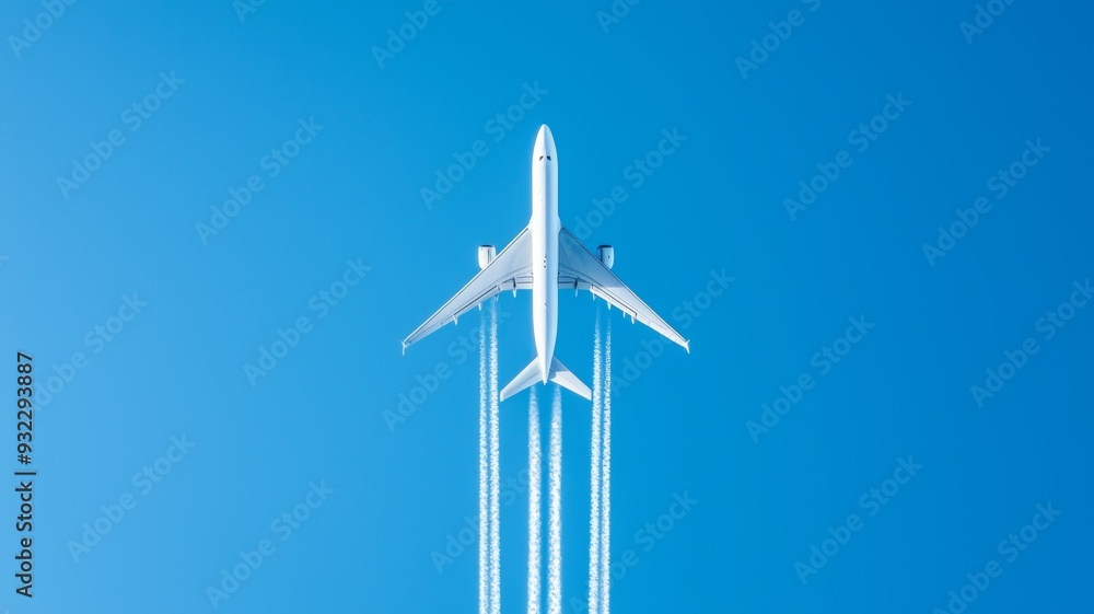 Poster a white airplane is flying through the sky with its tailpipe trailing behind it
