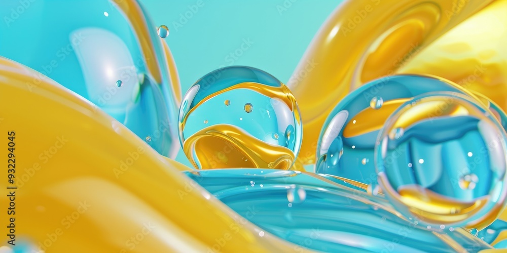 Poster fluid dynamics visualization featuring smooth curved shapes in aqua and yellow stunningly realistic 