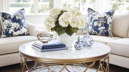 A stylish round coffee table with a white marble top and golden frame is the centerpiece of a soothing light beige living room adorned with floral pillows