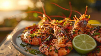 Grilled shrimp garnished with herbs and lime on a plate during sunset.