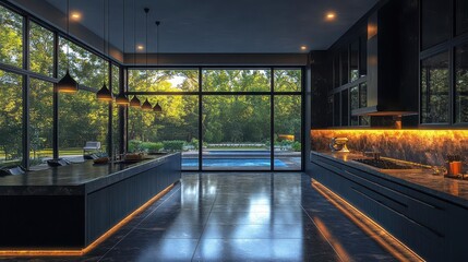 sleek professional kitchen with holographic recipe displays aipowered cooking assistants selfcleaning surfaces sustainable energy systems futuristic culinary tools