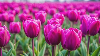 Obraz premium Vibrant field of magenta tulips, magenta, tulips, flowers, field, vibrant, colorful, blooming, spring, nature, beauty, garden
