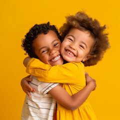 Two young children are hugging each other with big smiles on their faces