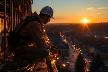 Fototapeta premium Tireless service: men working on electricity pole, experienced workers addressing breakdown in the electricity supply, ensuring restoration of power, labour day with dedication and expertise