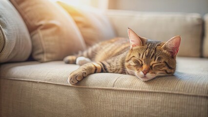 Obraz premium Cat peacefully sleeping on a cozy sofa , cat, sleeping, relaxation, lounging, home, pet, feline, cozy, comfort, peaceful, domestic