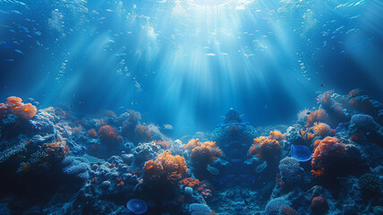 Fototapeta premium Underwater Seabed with Vibrant Corals captures the beauty of marine life in a serene and inviting environment