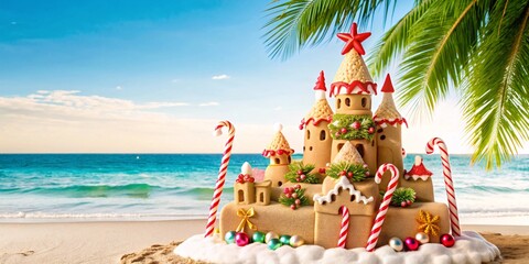 Tropical Christmas Sandcastle. A whimsical sandcastle adorned with Christmas decorations stands on a sunny beach, palm trees swaying in the background.