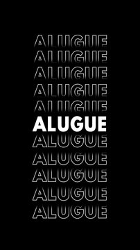 V&iacute;deo com a palavra "alugue" em branco sobre fundo preto com efeito glitch, se multiplicando verticalmente.