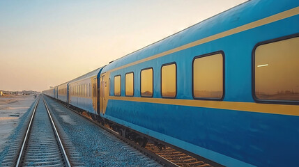 Fototapeta premium A blue train travels down train tracks alongside a snow-covered field and a tall building with a clock on its side