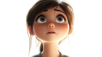 3D Cartoon of a Young Teen Girl Looking Upward with Big Eyes Isolated on White Background