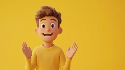 3D Cartoon of a Young Man with Light Skin on Yellow Background Raising Hands Together in Request