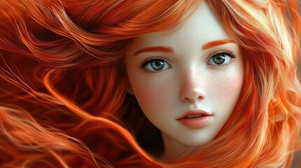 Obraz premium 3D Cartoon Portrait of a Beautiful Ginger Girl with Stunning Hair