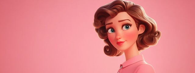 Fototapeta premium 3D Cartoon Portrait of a Charming Lady Engaging in Conversation Against a Pink Background