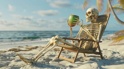 A skeleton is sitting on a beach chair, drinking from a coconut and looking towards the ocean.