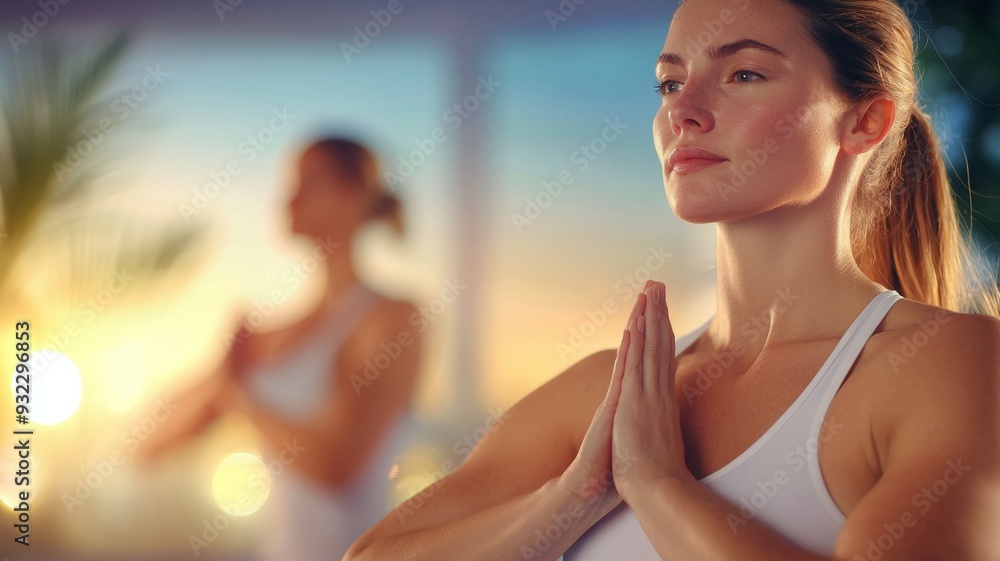 Poster A woman is praying in a yoga studio