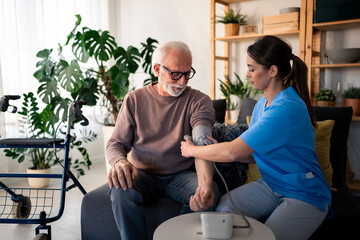 A diligent female nurse monitors the health of a senior male patient in the comfort of his home,...