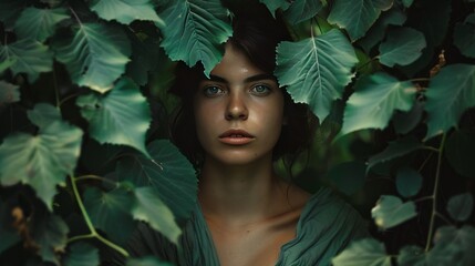 woman standing surrounded by leaves