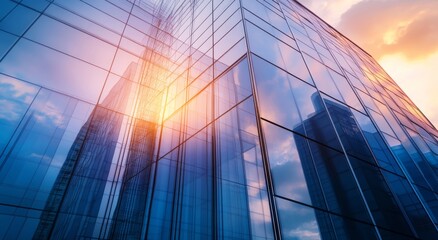 Modern Glass Building Facade with Sunset Reflection