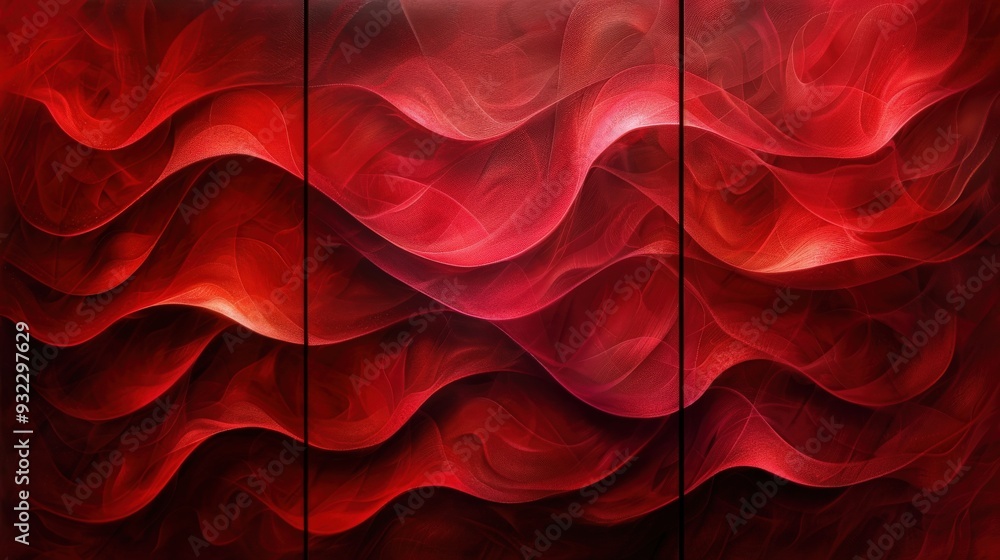 Poster generate a triptych of abstract wall art panels with vibrant red flowing textures. each panel should