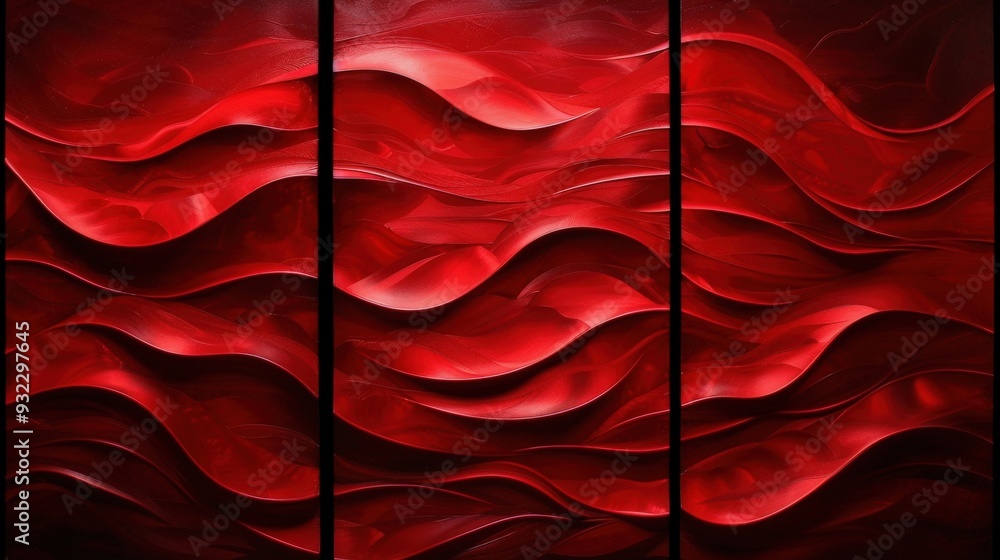 Poster generate a triptych of abstract wall art panels with vibrant red flowing textures. each panel should